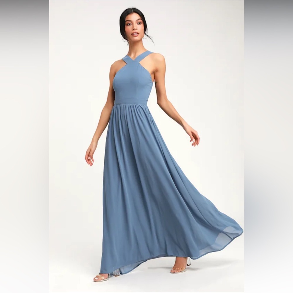 Lulu's Dusty Blue Cross-Halter Maxi Gown
